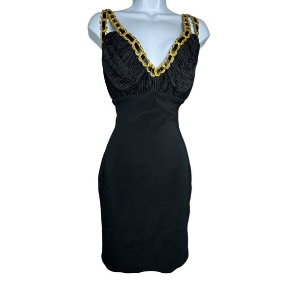 DANA DEATHERAGE vintage 80's black wiggle bombshell dress size small gold trim - Picture 1 of 9